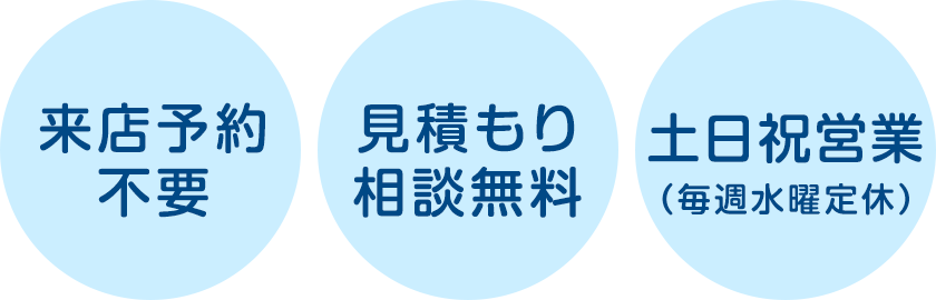 来店予約不要・見積もり相談無料・土日祝営業(毎週水曜定休)
